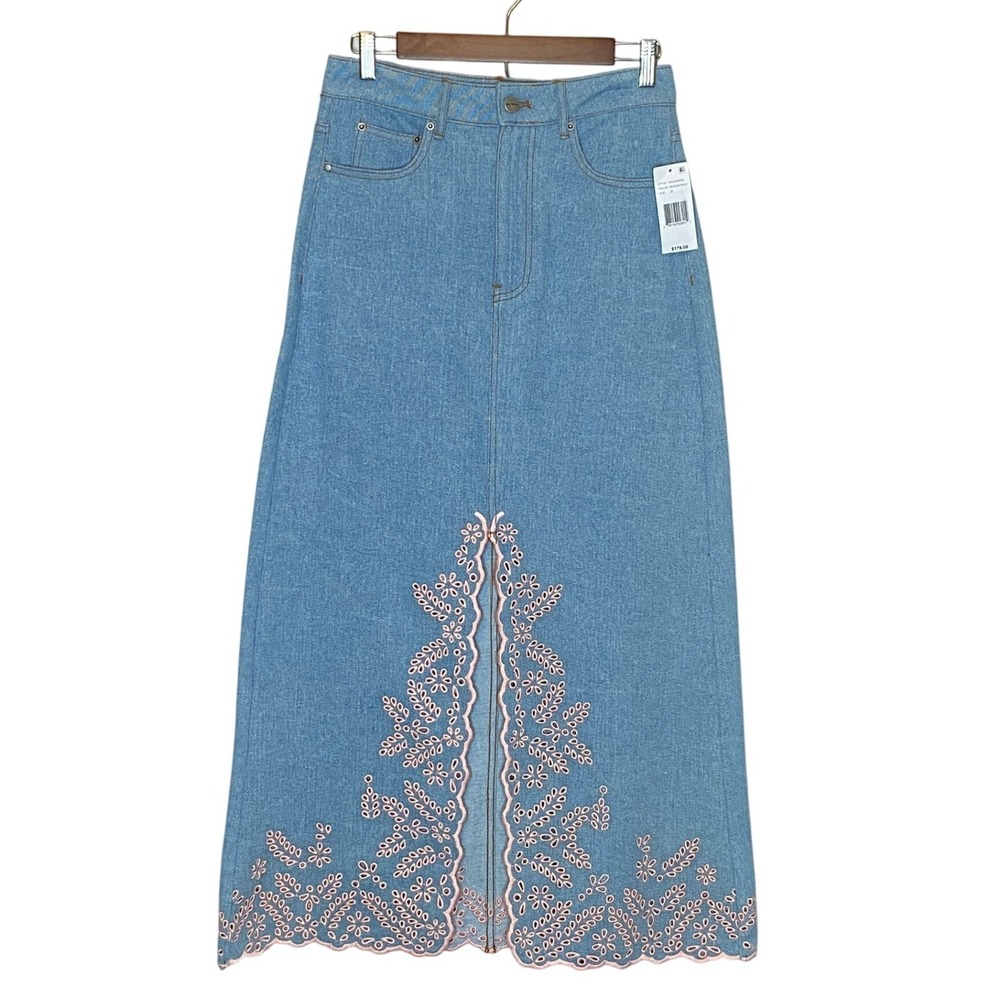 Driftwood Eyelet Embroidered Denim Maxi Skirt 26 Pink Boho Western Prairie NWT